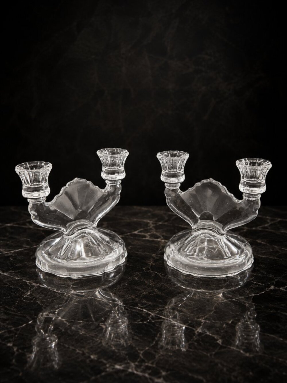Vintage L.E. Smith Frosted & Clear Glass Double Candle Holder Pair